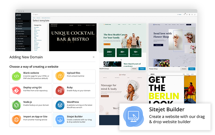 Sitejet AI website builder inside Plesk hosting